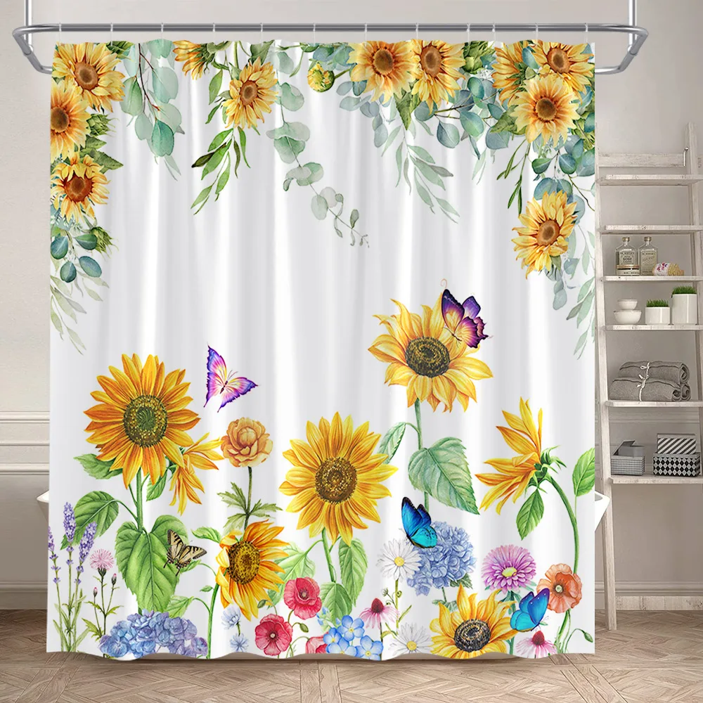 

Rustic Sunflower Shower Curtain Butterfly Spring Floral Green Leaves Plant Bath Curtains Set Polyester Bathroom Decor with Hooks