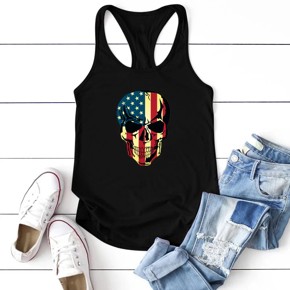 

Seeyoushy American Flag Element Skull Print Summer Fashion Casual Women's Camisole 90s Vintage Print Top O-neck Sleeveless Shirt