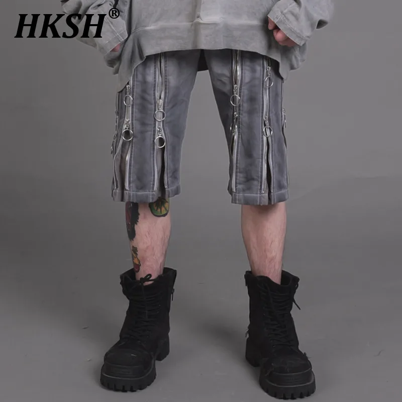 

HKSH Avant-garde Niche Design Waste Land COS Zipper Deconstruction Retro Tie Dyed Capris Men's Punk Tide New Chic Shorts HK1340