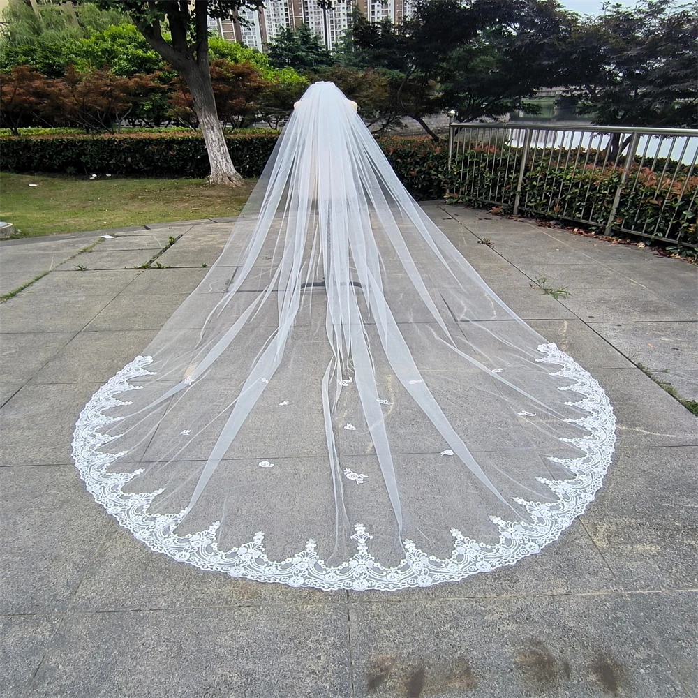 

Real Photos Lace Wedding Veil One Layer 3.5 Meters Long Bridal Veil with Comb 1 Tier 3.5M Velos De Novia Wedding Accessories