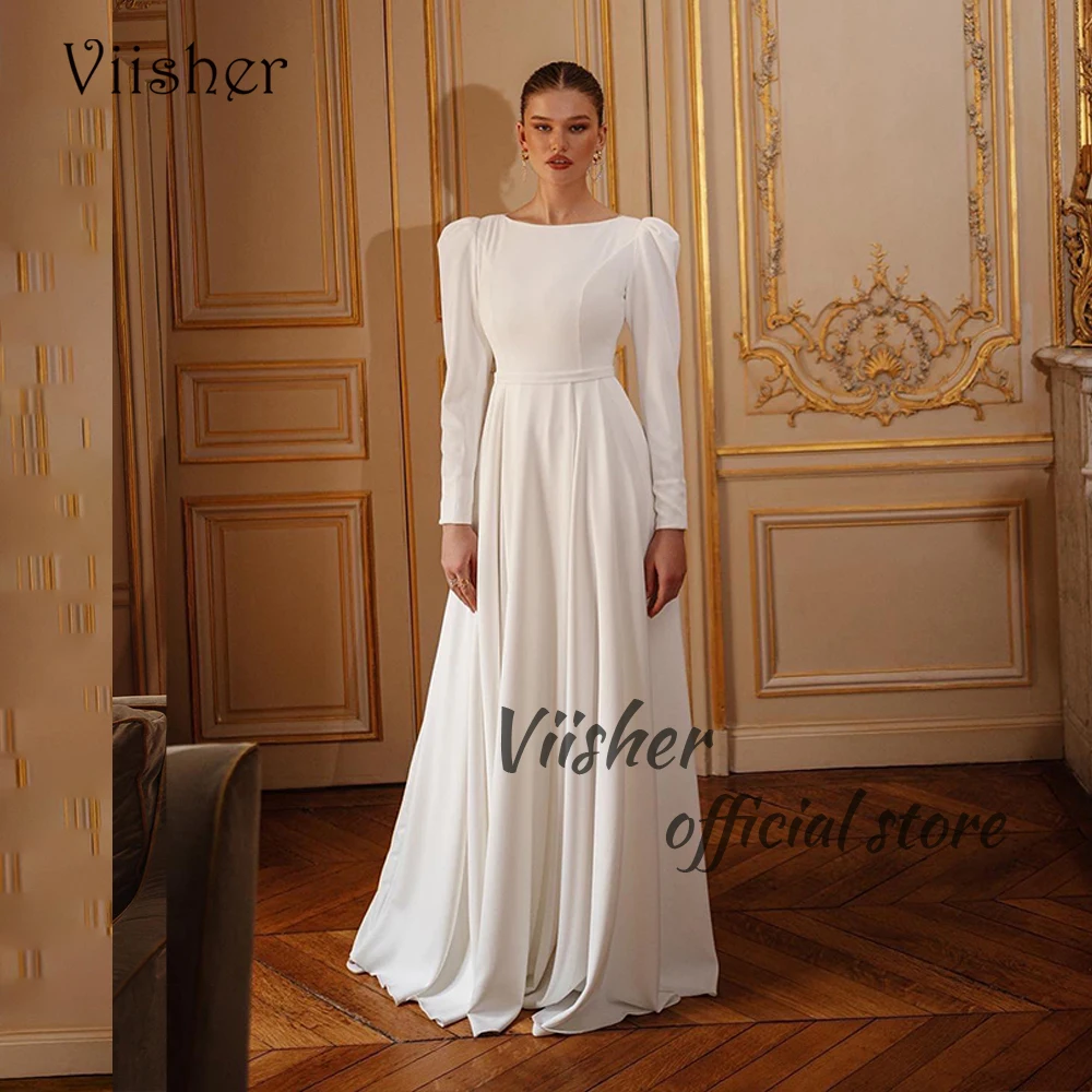 

White Wedding Dresses for Bride Long Sleeve Pearls High Neck Bridal Gown Floor Length Simple Civil Beach Bride Dress
