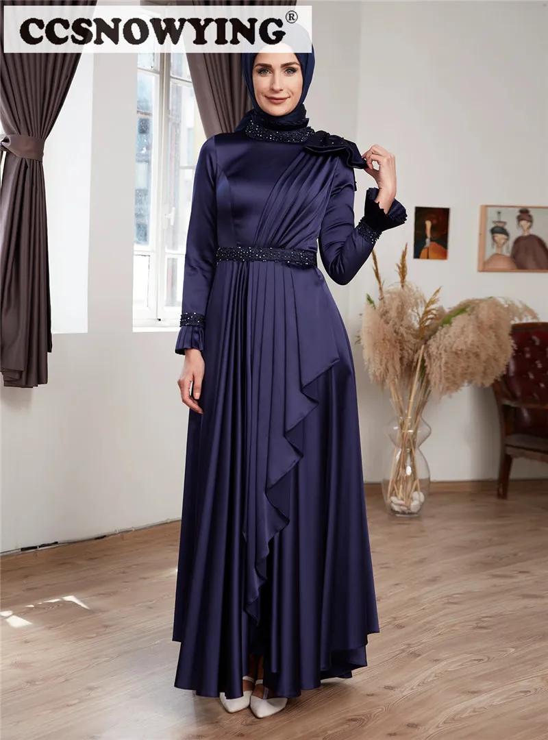 

Satin Beaded Long Sleeve Muslim Hijab Evening Dresses High Neck Islamic Formal Party Gown Arabic Kaftan Women Robe De Soiree