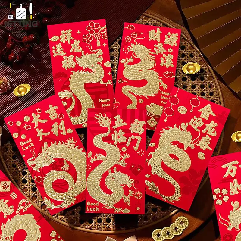 

6 шт., китайские красные конверты, Подарочная сумка HongBao, карманы для денег на удачу на новый год 2024, весенний фестиваль, фотосумка
