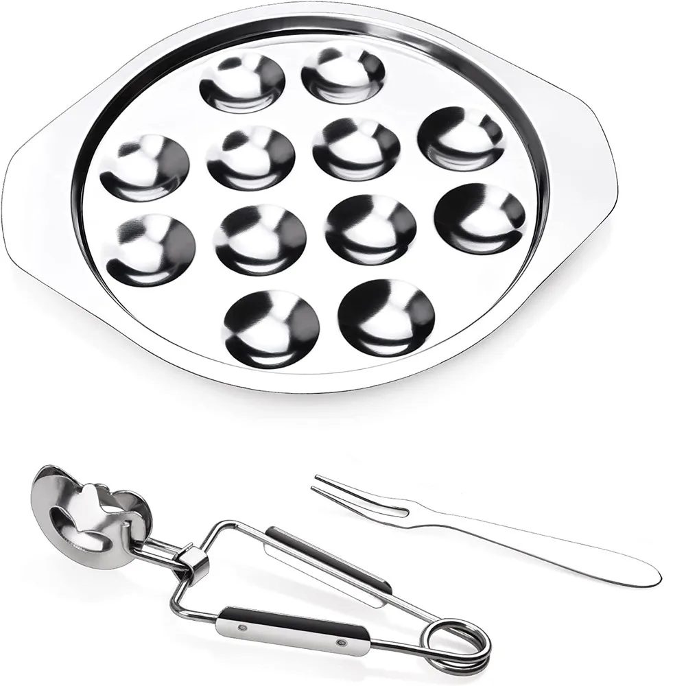 

Stainless Steel Snail Escargot Plate Set Escargot Baking Dish Platter with Tong and Forks Round Mushroom Escargot Serving Tray