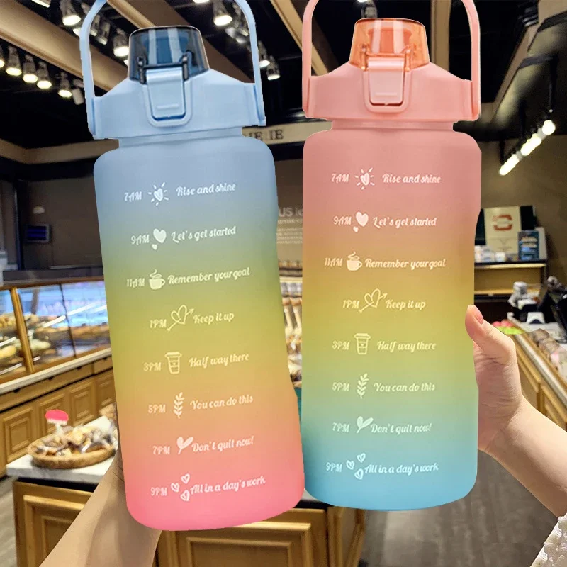 

Water Bottle 2 liters Large-capacity Stickers Drinking Bottle Outdoor Sports Leak-proof Frosted Cup With Time Marker Drinkware