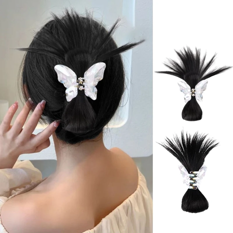 

Synthetic Fake Hair Extension Straight Bun with Claw Updo Chicken feather shuttlecock head Hairpiece For Girl Women Chignons