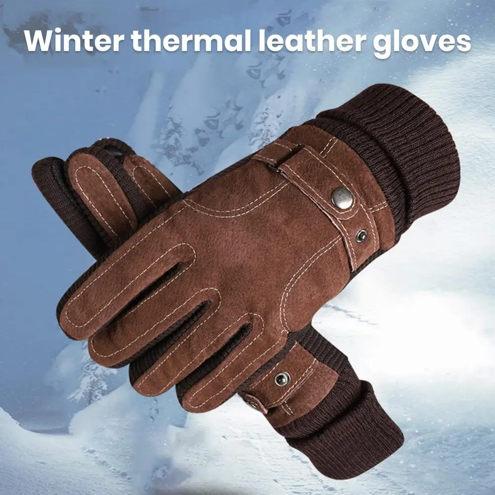 

1 Pair Men Autumn Winter Suede Double Layer Riding Gloves Touch Screen Thermal Fleece Lined Driving Mittens Ribbed Cuffs Windpro
