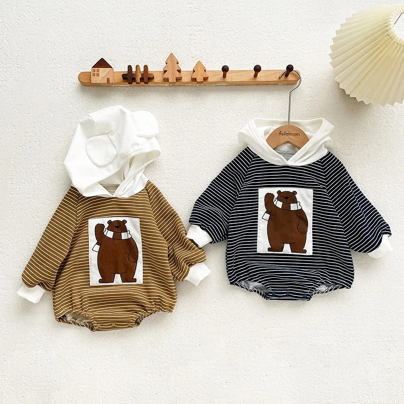 

Spring and Autumn Newborn Long Sleeve Striped Romper Girl Boy Solid Cute Little Bear Triangle Creeper Hooded jumpsuit