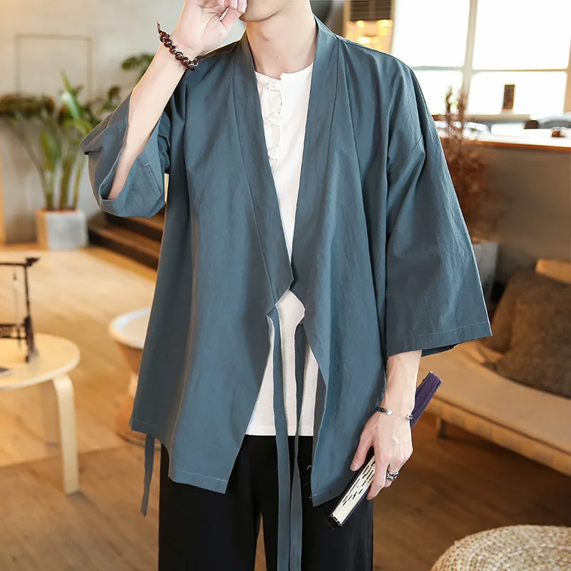 

Plus Size 5XL 4XL Loose Fit China Streetwear Kimono Shirt Men Plain Color 3/4 Sleeve Summer Cardigan XXXXXL Male Shirt