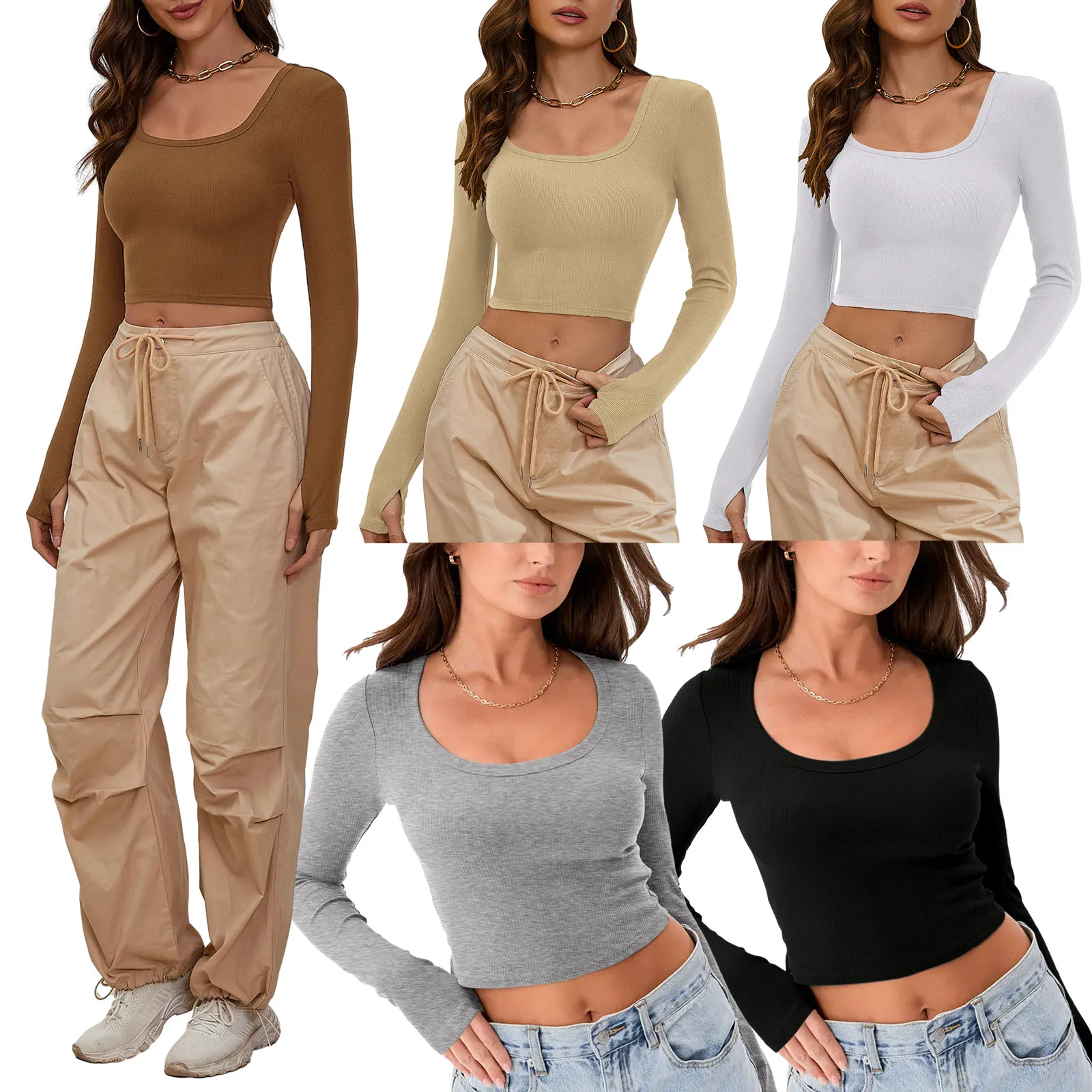 

2024 New Womens Y2k Sexy Square Neck Low Cut Tops Long Sleeve Slim Fit Tight Crop Top Going Out T Shirt Ribbed Basic Tee