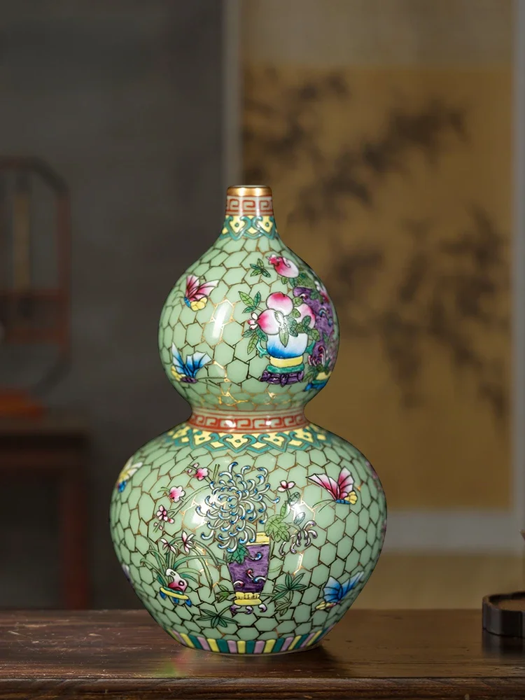 

Zhongjia Kiln Jingdezhen Ceramic Vase Double-Gourd Vase New Chinese Enamel Small Porcelain Living Room