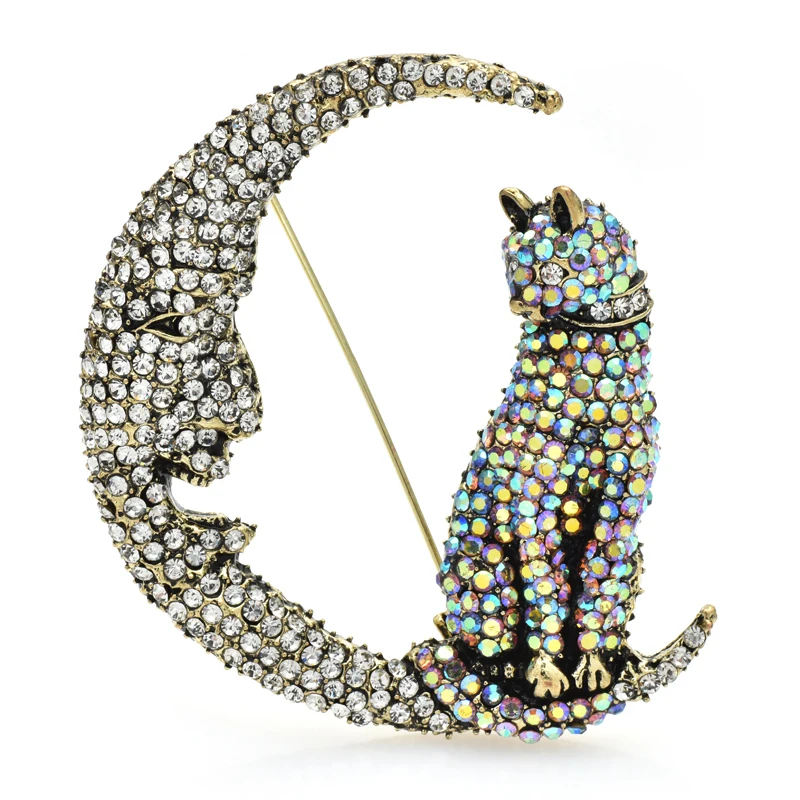 

Wuli&baby Sparkling Sitting Moon Cat Brooches For Women Big Rhinestone Beautiful Pets Party Office Brooch Pin Gifts