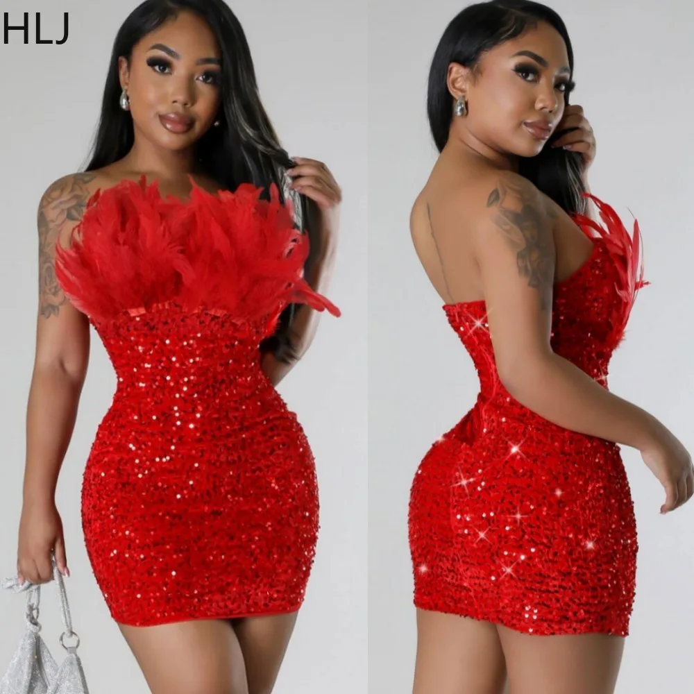 

HLJ Sexy Feather Splicing Sequin Off Shoulder Bodycon Mini Dresses Women Sleevless Slim Tube Dress Fashion Evening Party Clothes