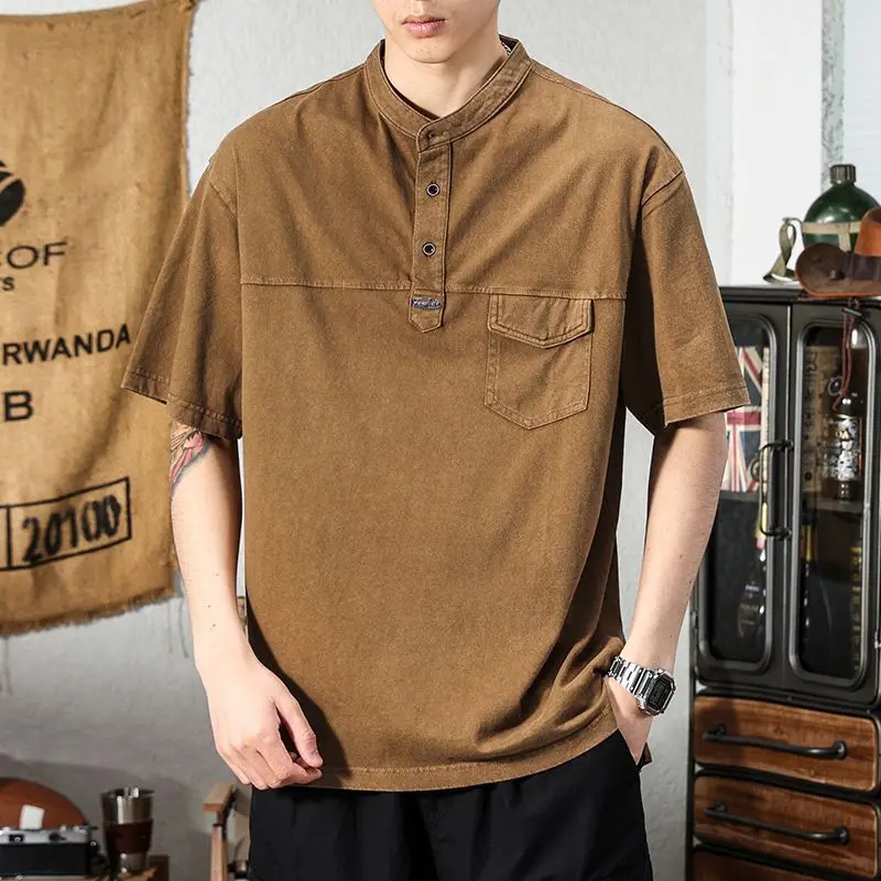 

American Style Pullovers New Summer Men's Stand Collar Button Spliced Solid Color Fashion Casual Loose Short Sleeve T-shirt Tops