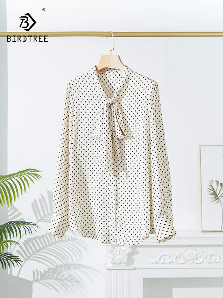 Birdtree 93%Mulberry Silk 7%Spandex Women Dots Shirts Double Joe Silk Bow Collar Printed Chic Shirts Spring Summer Top T37245QC 
Birdtree 93%Mulberry Silk 7%Spandex Women Dots Shirts Double Joe Silk Bow Collar Printed Chic Shirts Spring Summer Top T37245QC