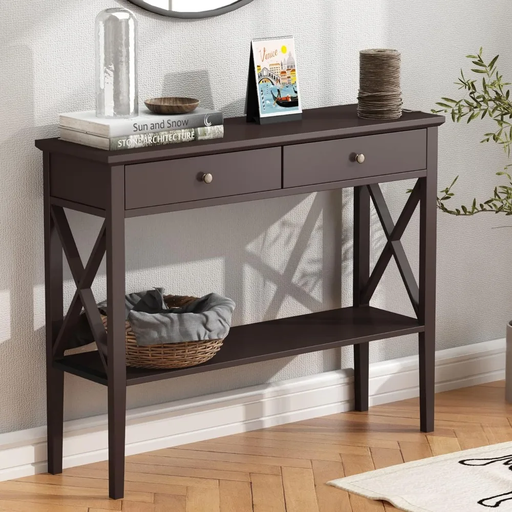 

Console Table with Drawers Narrow Wood Accent Sofa Table with Storage Shelf for Entryway, Front Hall, Hallway Espresso