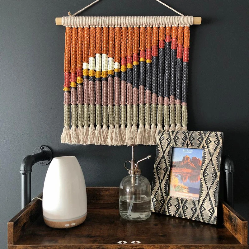 

Hand-knitted tapestry, guesthouse decoration, Nordic-style wall hanging, tapestry for electricity box, tassel mural, landscape b