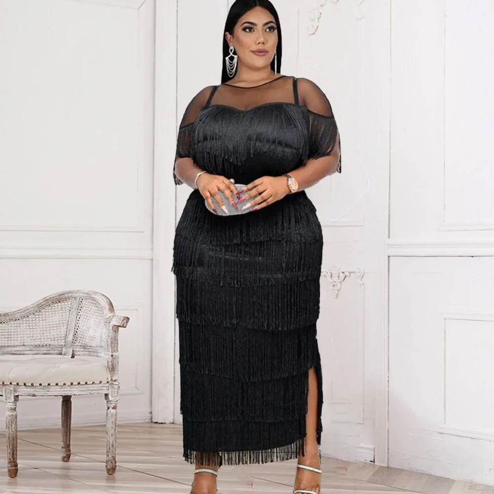 

Women Black Tassel Long Dress Patchwork Mesh See Through Party Celebrate Event Tight Summer Bodycon Sexy Prom Occasion Robes New