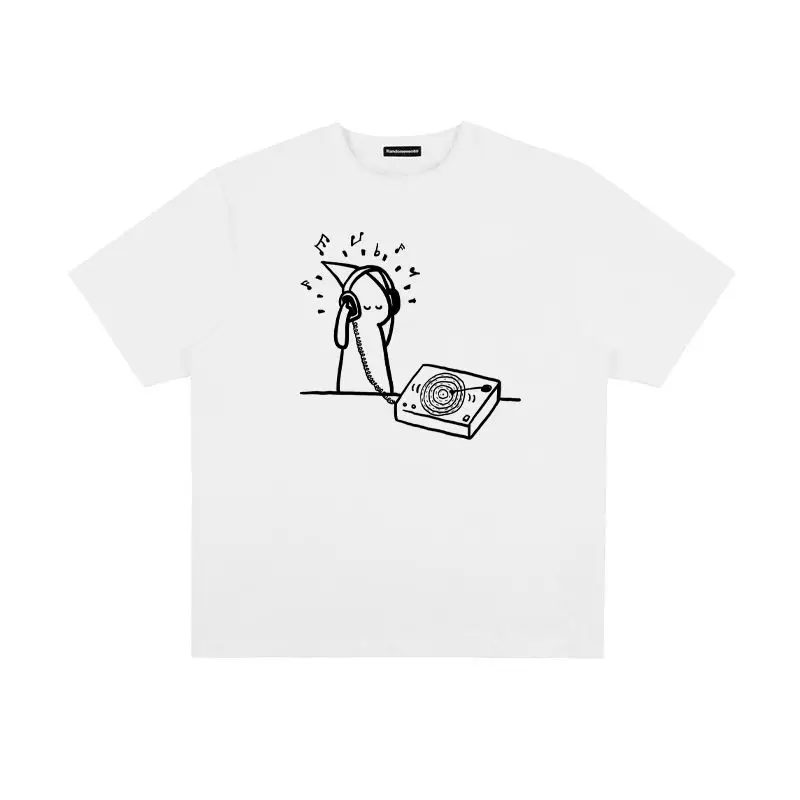 American summer listening to music independent literary cartoon lines simple printing men and women couple T-shirt niche tops
American summer listening to music independent literary cartoon lines simple printing men and women couple T-shirt niche tops
