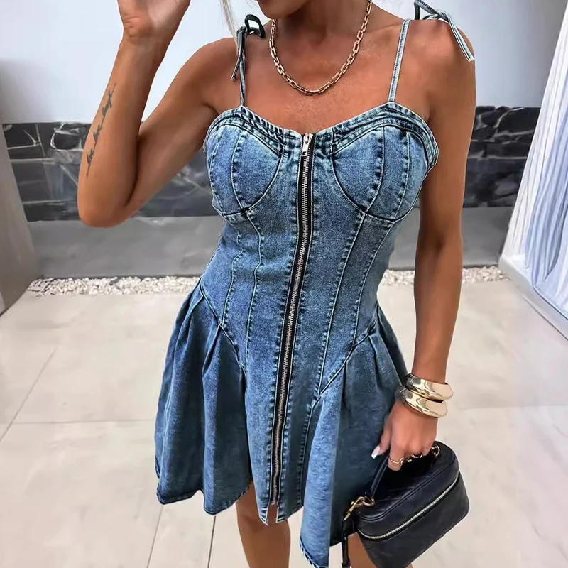 

Elegant V-neck Tie Solid Suspenders Dress Women Fashion Zip Waist Solid Denim Party Dress Women Casual Ruffles Slim Mini Dresses