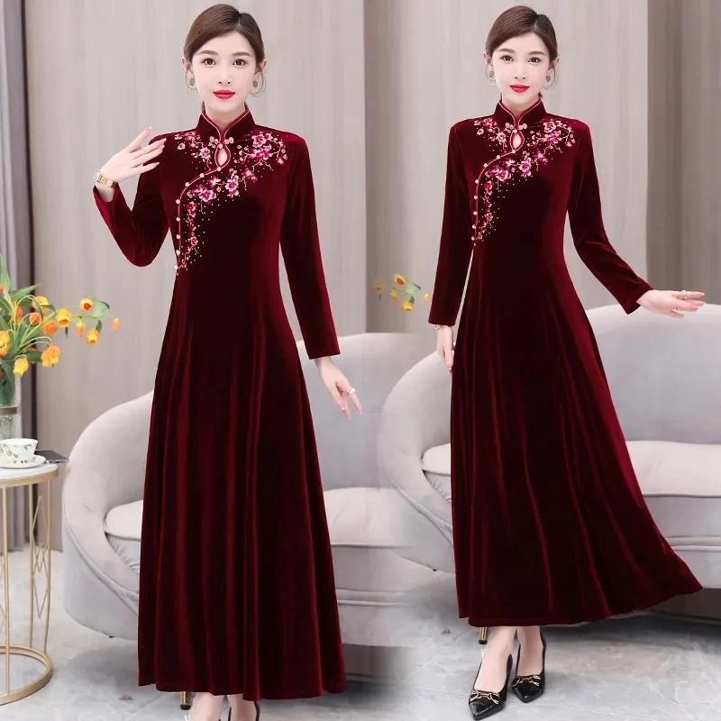 High End Gold Velvet Cheongsam Embroidered Dress Women Spring Autumn Long Dress Noble Female Velour Party Evening Dress Vestidos
High End Gold Velvet Cheongsam Embroidered Dress Women Spring Autumn Long Dress Noble Female Velour Party Evening Dress Vestidos