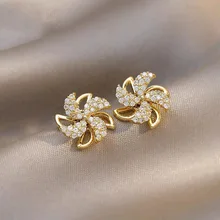 Korean Cute Windmill Shape Full Zircon Earrings For Women Girls Luxury Gold Color Geometric Stud Earrings Party Jewelry Gifts