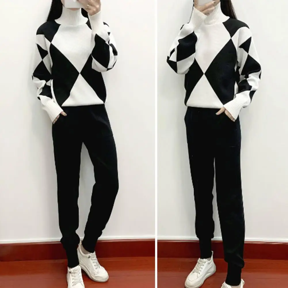 Ladies Casual Two-piece Suit Elastic Waist Women Pants Geometric Print Sweater Pants Set Cozy High Collar Knitwear for Women's
Ladies Casual Two-piece Suit Elastic Waist Women Pants Geometric Print Sweater Pants Set Cozy High Collar Knitwear for Women's
