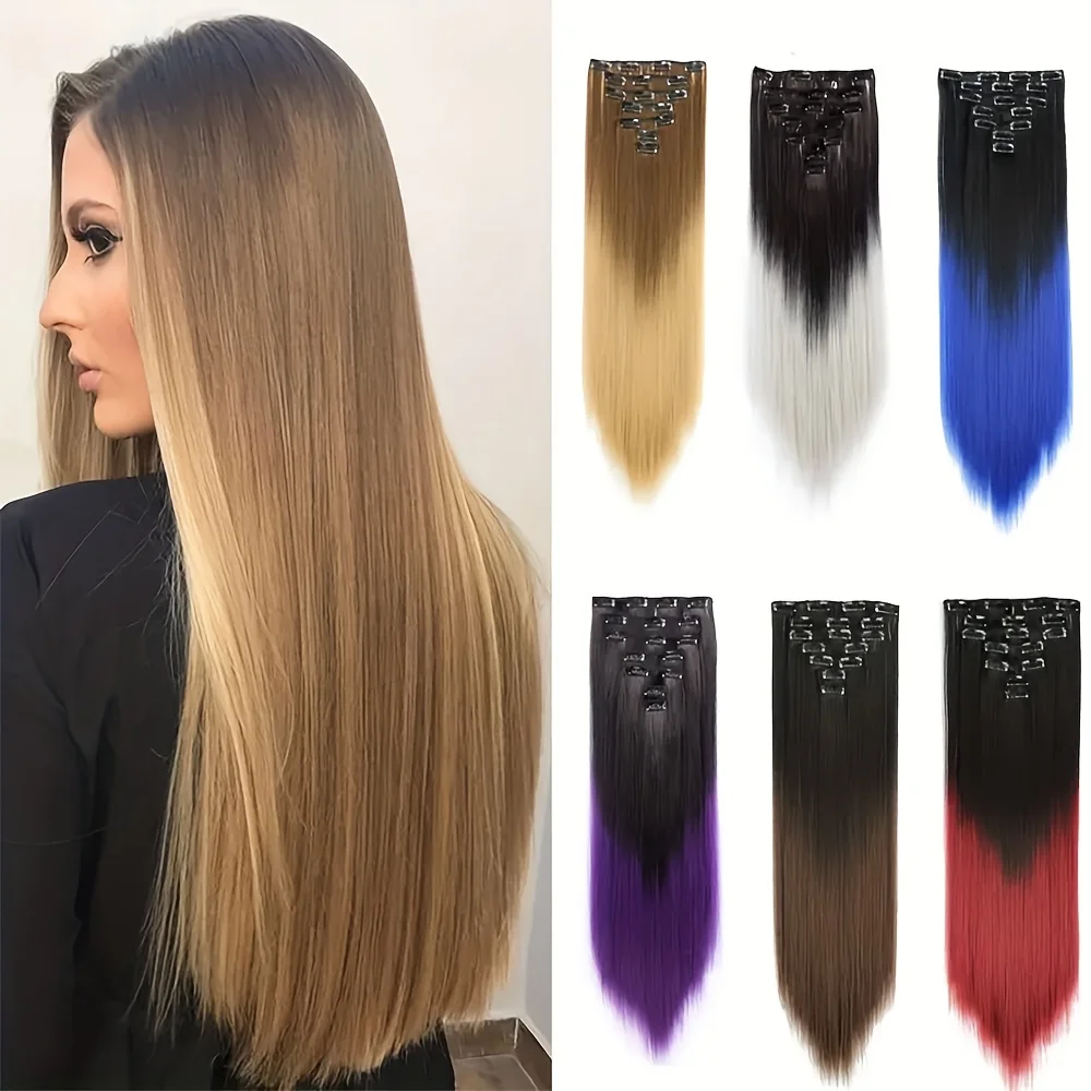 

7pcs/Set 16-Clips Long bone silky Straight Synthetic Wig 22inch Hair Extension Clips In Gradient color Extension women Hairpiece