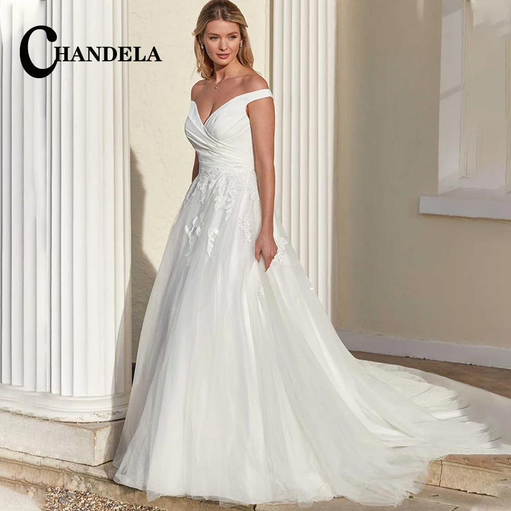 

CHANDELA Graceful Off The Shoulder A-Line Wedding Dresses Tulle Sweetheart Backless Appliques Pleat Customised Robe De Mariée