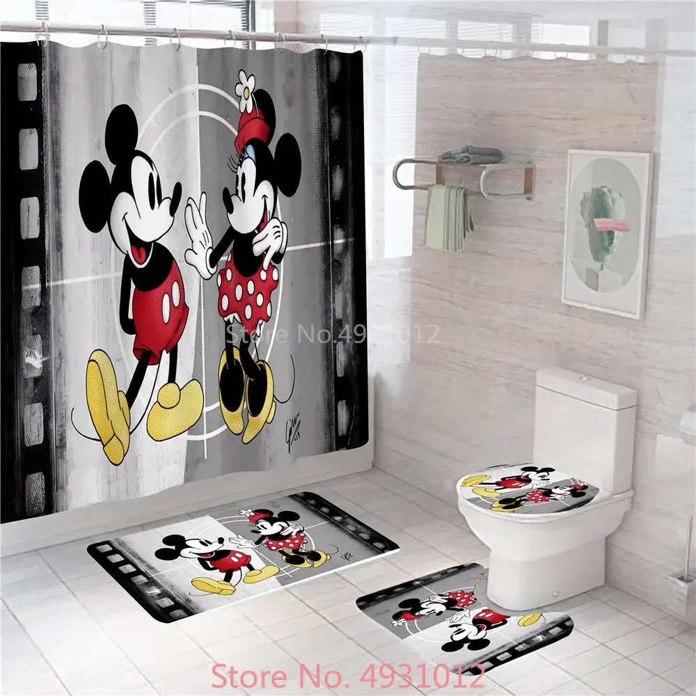 

Anime Mickey Minnie Mouse Bathroom Non-slip Mat Set Waterproof Funny Shower Curtain Pedestal Toilet Cover Bath Mat Rug