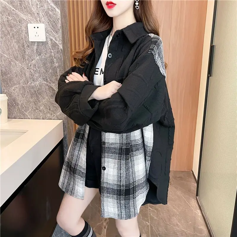 

Модная дизайнерская комбинированная клетчатая куртка, Женское пальто средней длины в Корейском стиле на весну и осень, свободная рубашка, верхняя одежда, топы, новинка 2024
