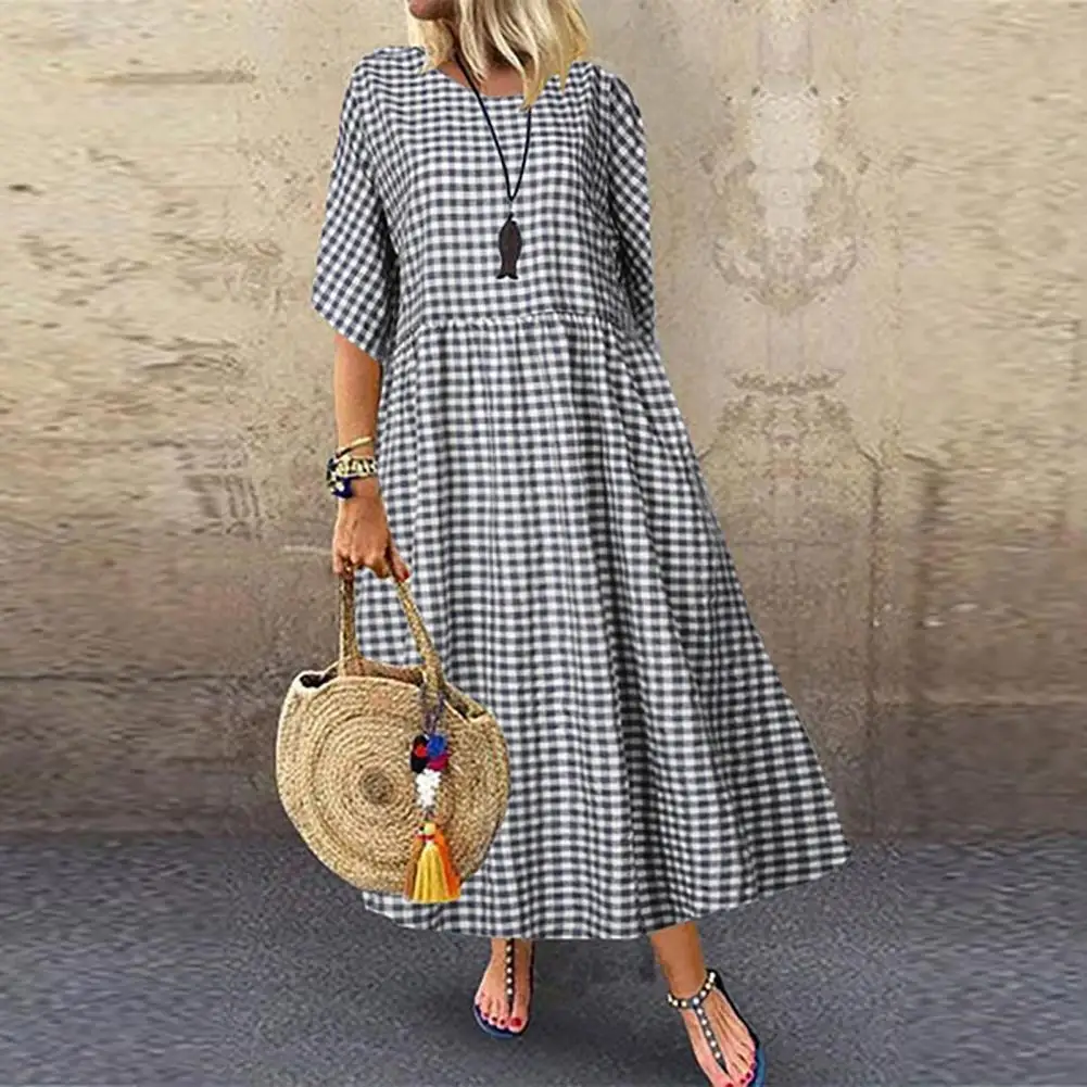 

Dating Maxi Dress Stylish Check Print Maxi Dress for Women A-line Silhouette Pleated Design Short Sleeves for Commuting Dating