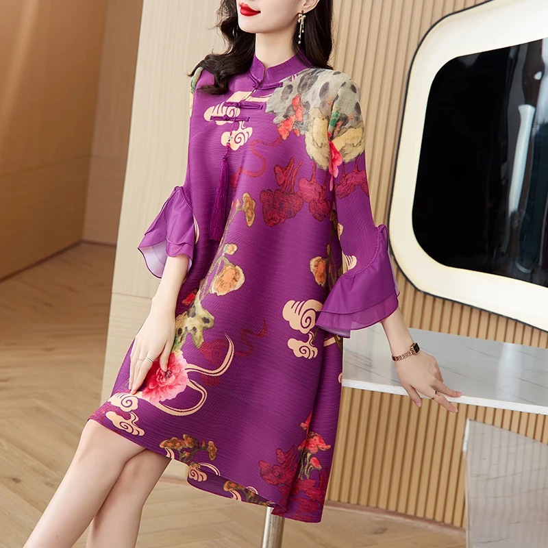 

Autumn New Chinese Style Retro Printing Mandarin Collar Loose Size Female Pleated Dress Fashion Flare Sleeve Woman Floral Dress