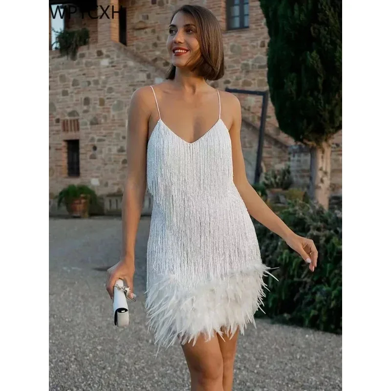 Elegant Feather Spaghetti Straps Mini Womens Dresses Taruxy Tassel Sequins Dress Summer Sexy Party Club Evening Woman Clothing
Elegant Feather Spaghetti Straps Mini Womens Dresses Taruxy Tassel Sequins Dress Summer Sexy Party Club Evening Woman Clothing