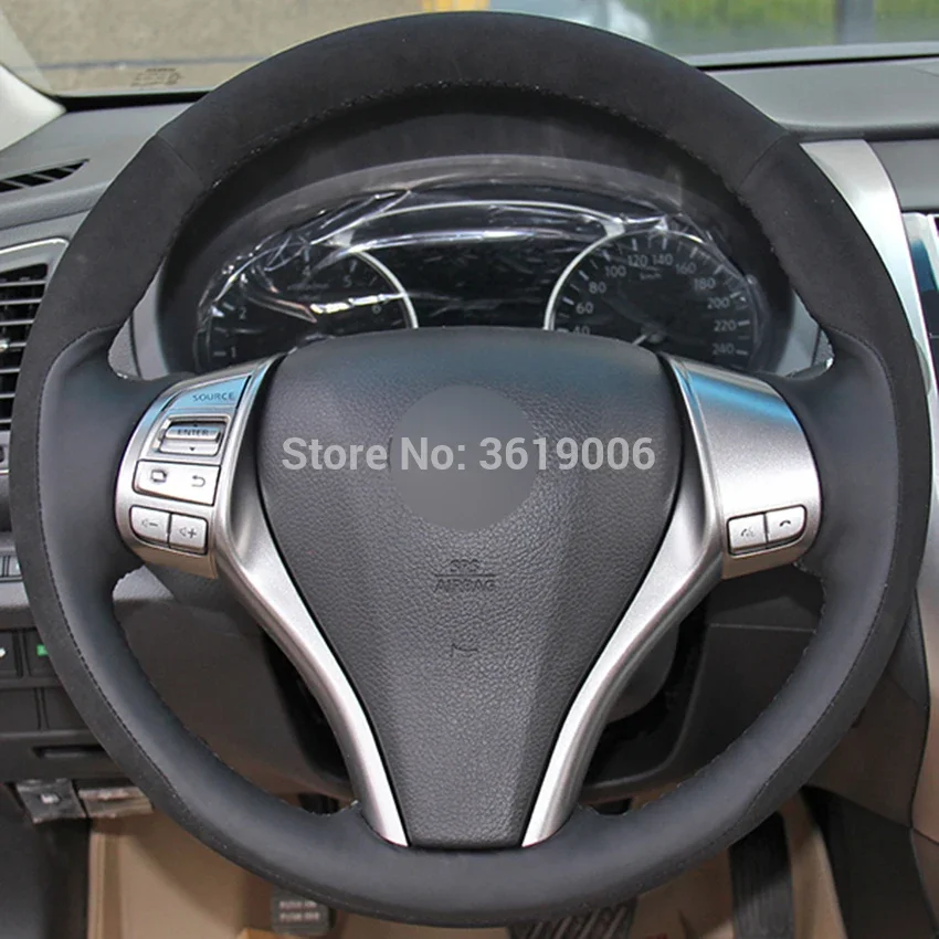 

For Nissan Teana Altima 2013-2016 X-Trail QASHQAI Rogue Hand-stitched Anti-Slip Black Suede Leather DIY Steering Wheel Cover