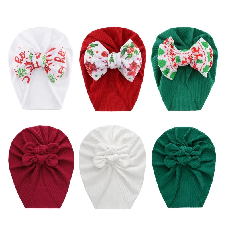 

Elastic Turban Hat Headwrap Baby Beanie Cap with Christmas Bowknot Print Soft Bonnet Cap Nursery Turban Hat for Baby