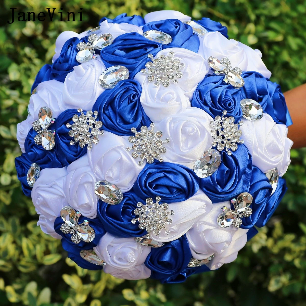 

JaneVini Royal Blue and White Bridal Weeding Flowers Ribbon Rose Brooch Crystal Flower Wedding Bouquet Bride Bridesmaid Bouquets