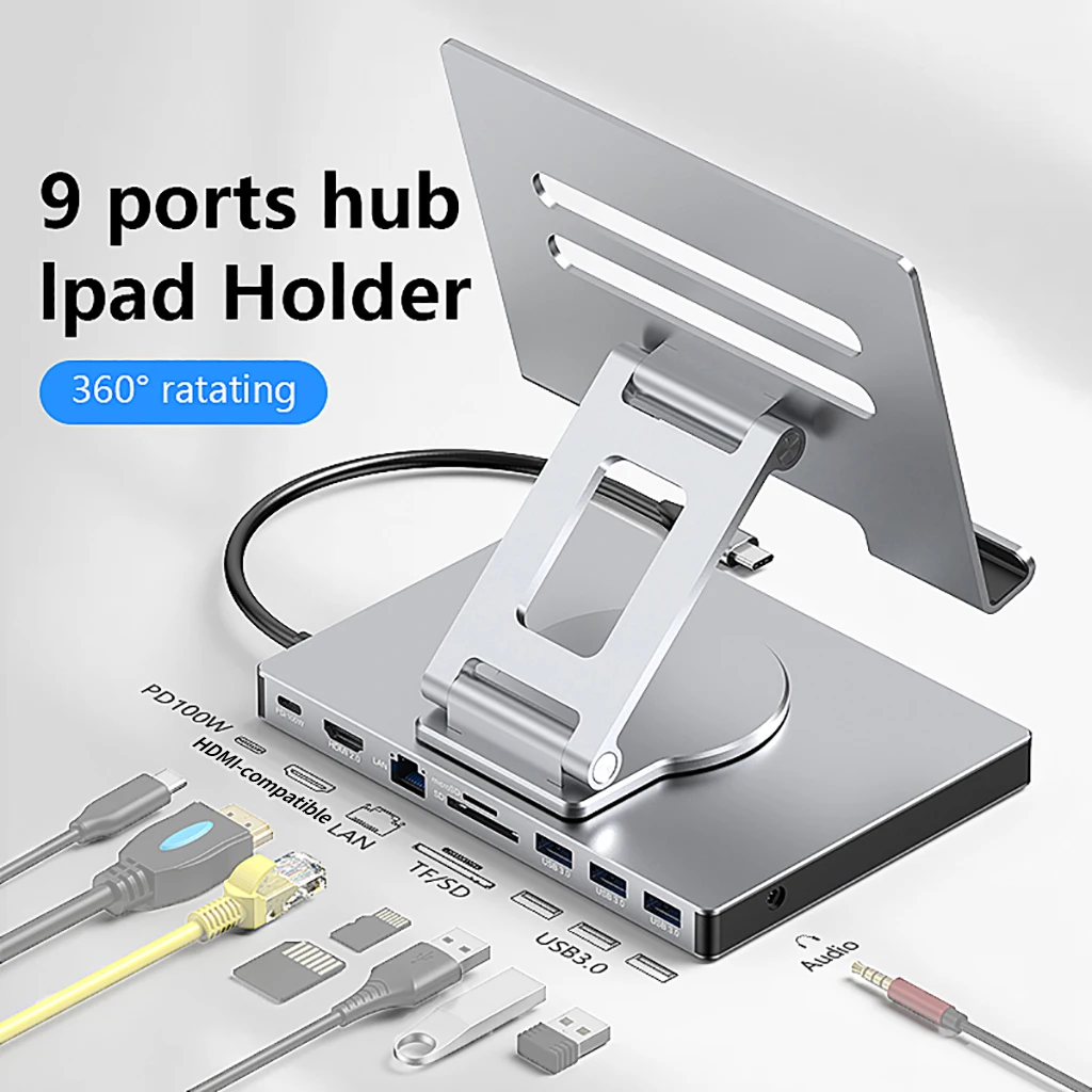 

Multi USB C Hub with 360° Rotating Stand HDMI-compatible 4K 60Hz PD 100W USB3.0 5Gbps SD TF for iPad Pro Tablet Docking Station