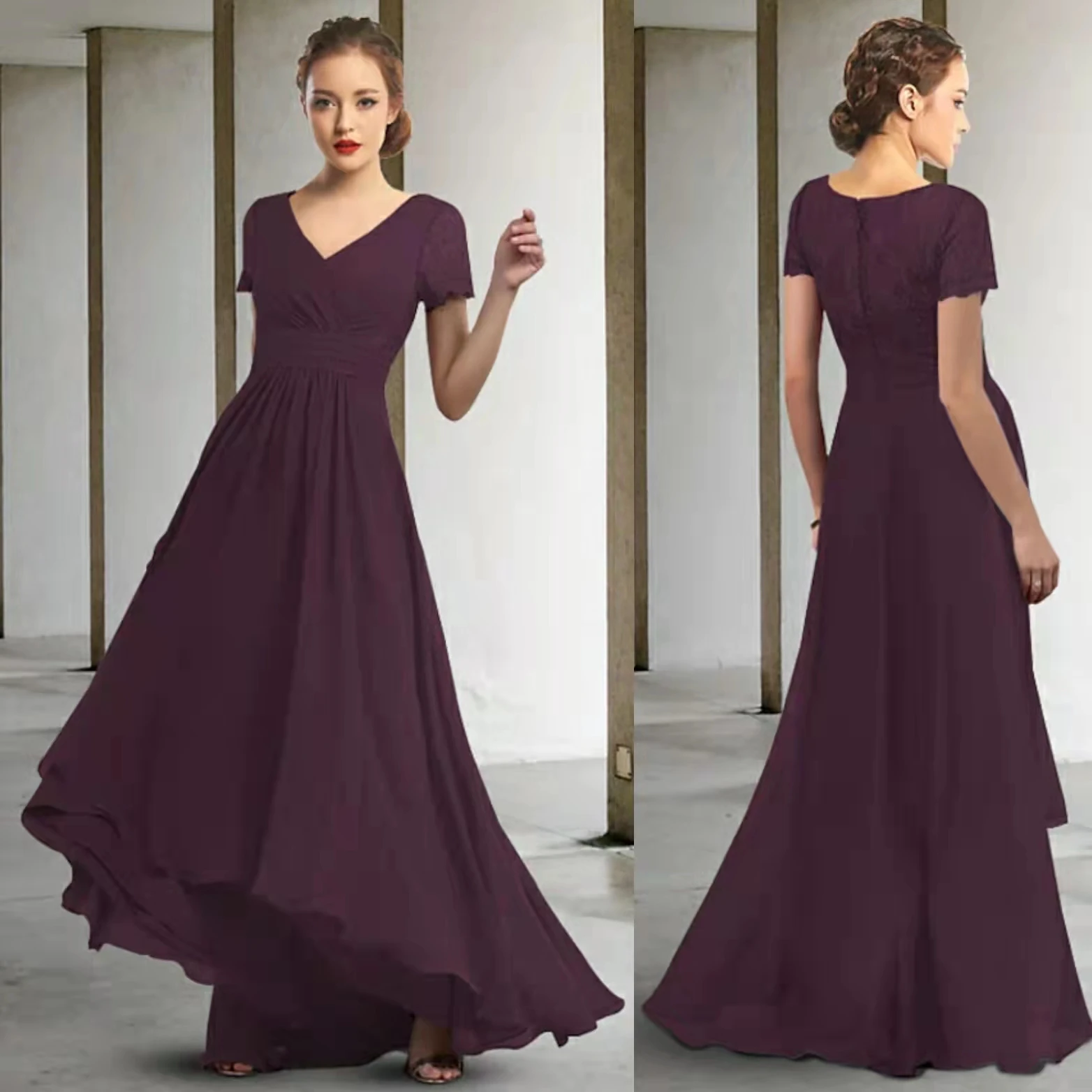 Elegant Hi-Lo Chiffon V-Neck Mother of Bride Dresses Asymmetrical Cap Sleeve Evening Dress with Pleats
Elegant Hi-Lo Chiffon V-Neck Mother of Bride Dresses Asymmetrical Cap Sleeve Evening Dress with Pleats