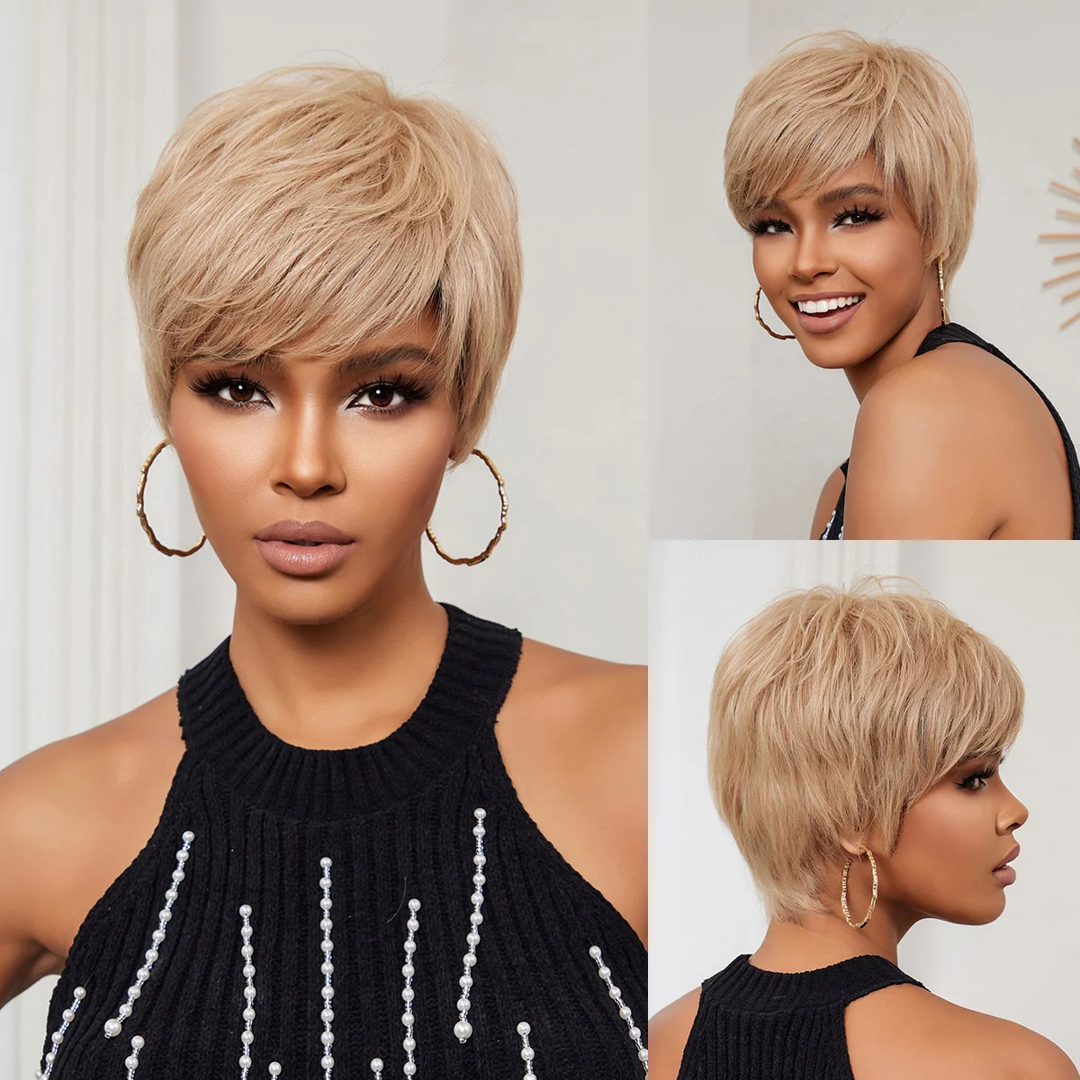 

Short Pixie Cut Blonde Human Hair Wigs for Women Bob Straight Layered Wig with Bangs 100% Remy Human Hairs Natural Glueless Wigs