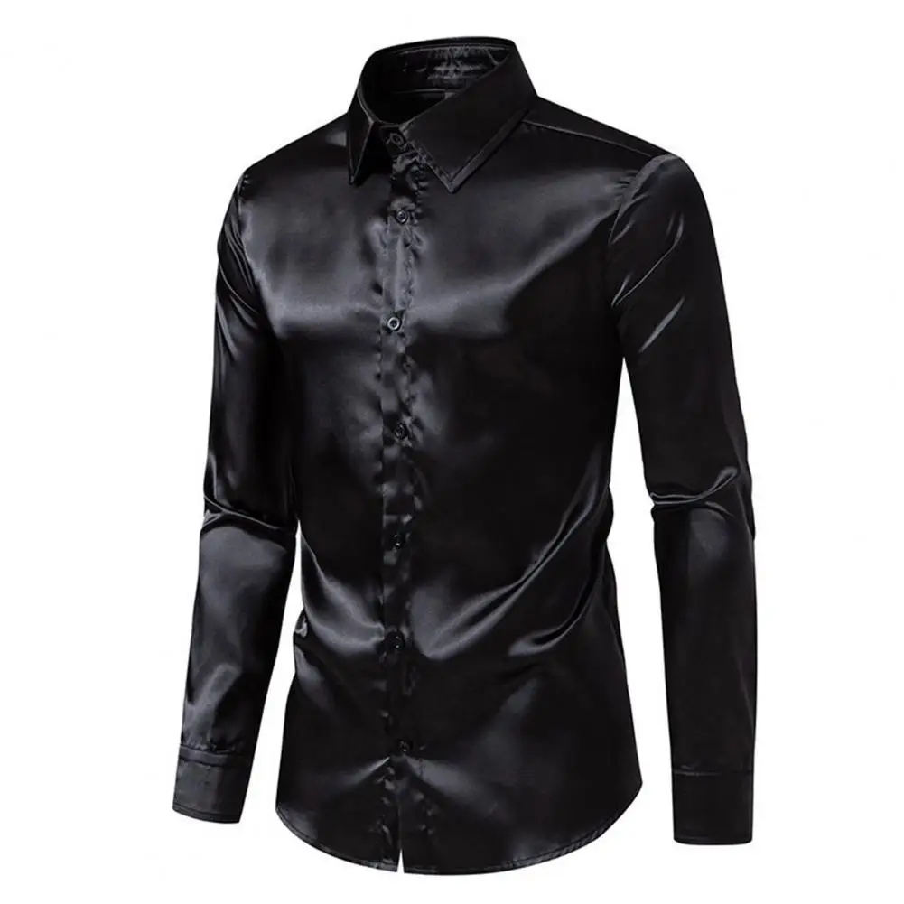 

Lapel Collar Men Shirt Stylish Men's Silk-like Satin Shirts Long Sleeve Slim Fit Button Down Business Formal Attire for A