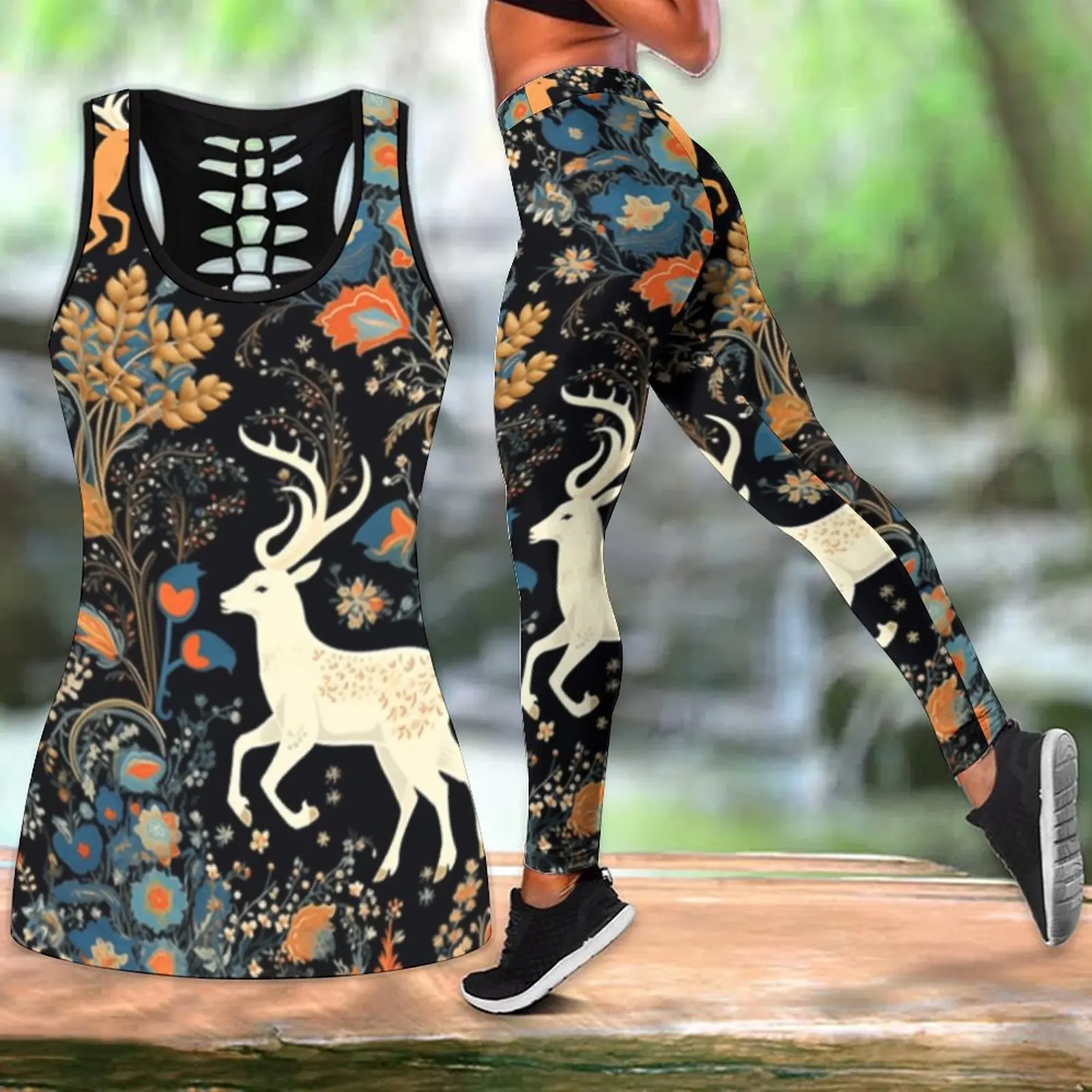 

Summer Fashion Outfit Print Sleeveless Tank Top And Leggings Hunting Deer Urkish PaisleyPrint Women Sportswear Yoga SetXS-8XL