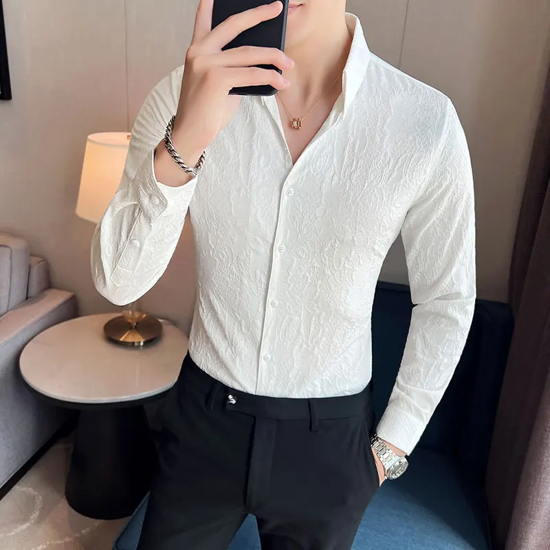 

New Men's Fashion Business Trend Solid Color Korean Print Slim-fit Trend Wedding Host Gentleman Loose Casual Long-sleeved Shirt
