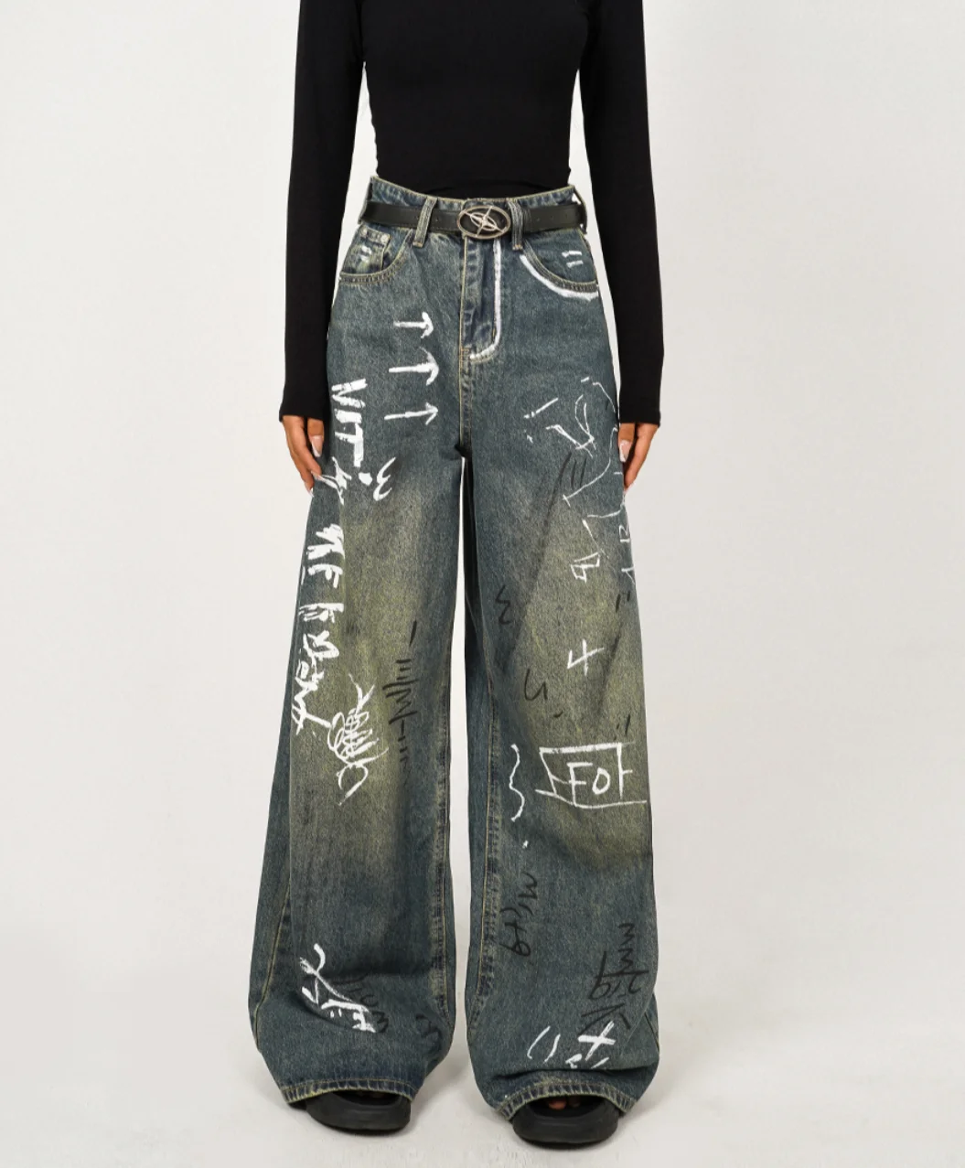 

Y2K 2024 new design sense niche hand-painted graffiti letter wide leg jeans traf straight pants women pantalones de mujer