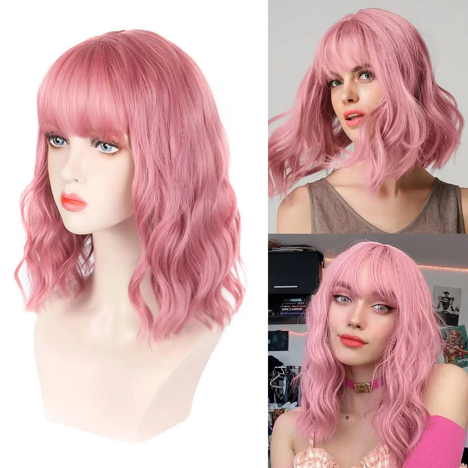 

Pink Short Wavy Wig Synthetic Pink Cosplay Lolita Wigs for Black Women Body Wave Natural Hair Straight Air Bang Party Daily