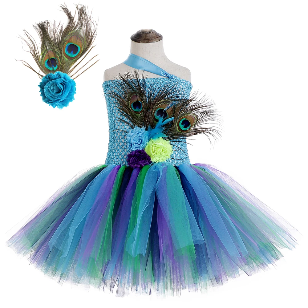 

Flower Peacock Tutu Dress For Girls Pageant Halloween Costumes Kids Girl Princess Fancy Party Dresses With Feather Headband 1-14