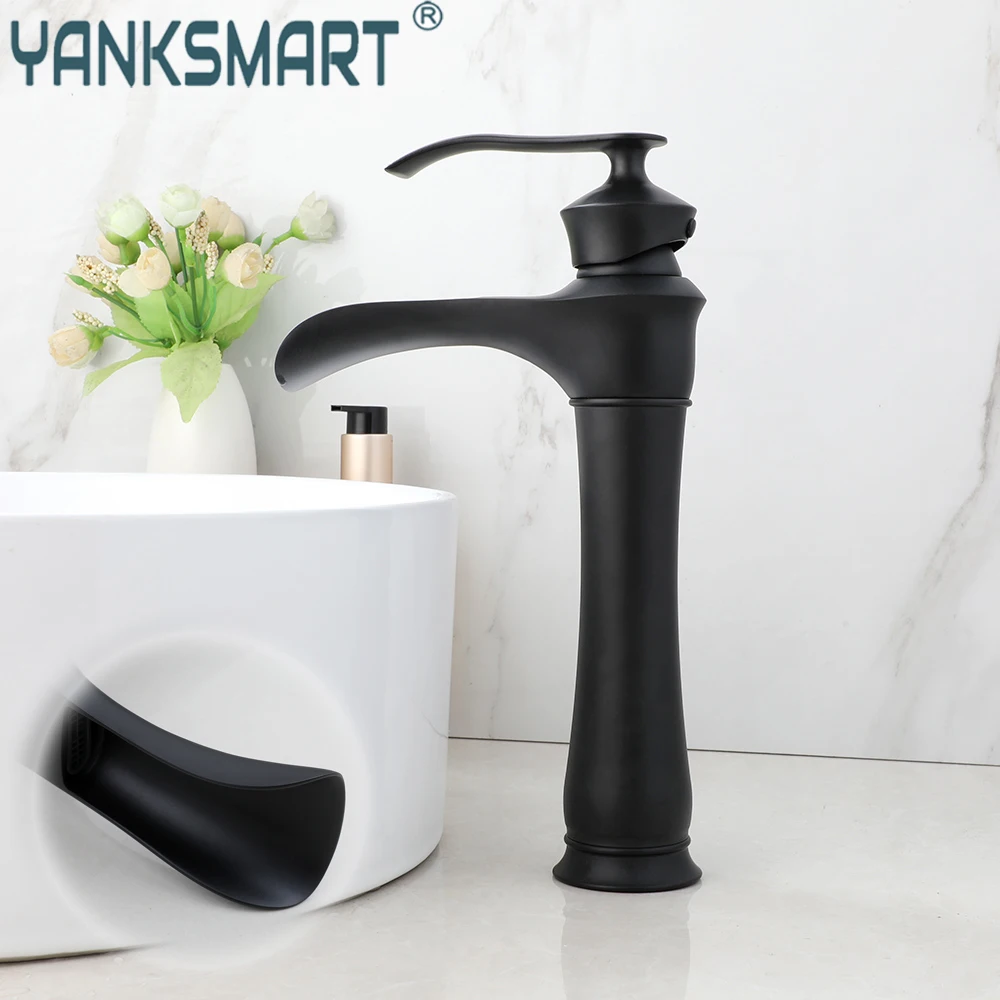 

YANKSMART Matte Black Bathroom Faucet Basin Sink Waterfall Spout Faucets Hot Cold Mixer Tap 1 Lever Washbasin Deck Mounted Taps