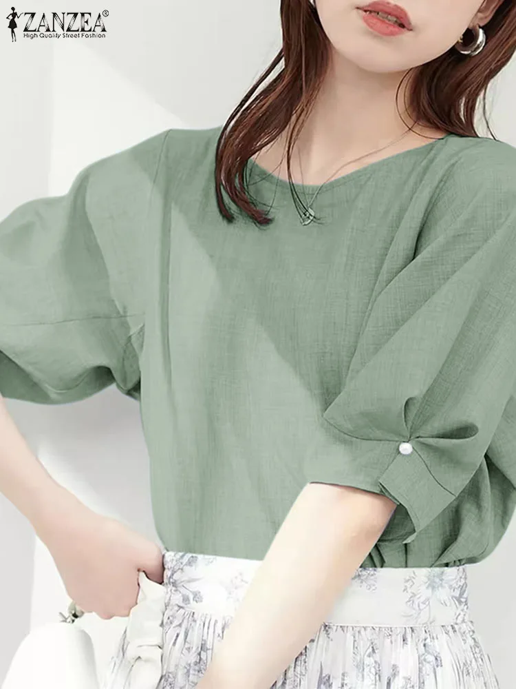 

Корейская женская летняя блузка ZANZEA, винтажные однотонные офисные женские топы 2024, элегантная рубашка с полурукавами-фонариками, повседневные Простые женские блузы
