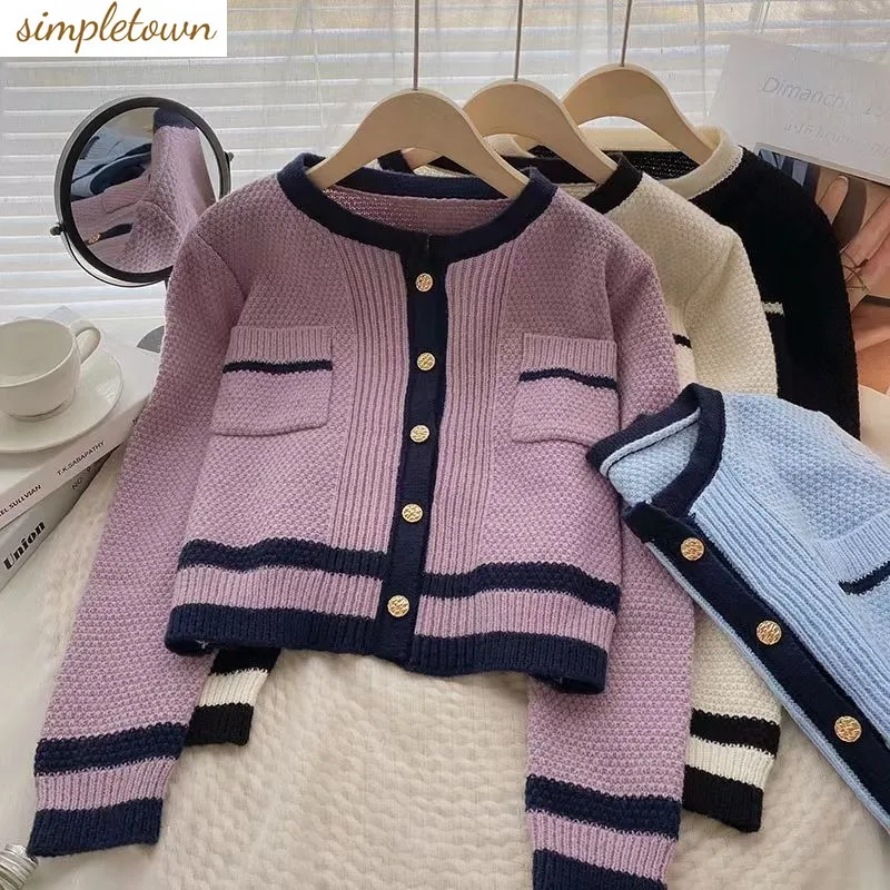 Small Fragrant Wind Contrast Knitted Cardigan Women's Spring and Autumn New French Sweater Coat Loose Purple Round Neck Top
Small Fragrant Wind Contrast Knitted Cardigan Women's Spring and Autumn New French Sweater Coat Loose Purple Round Neck Top