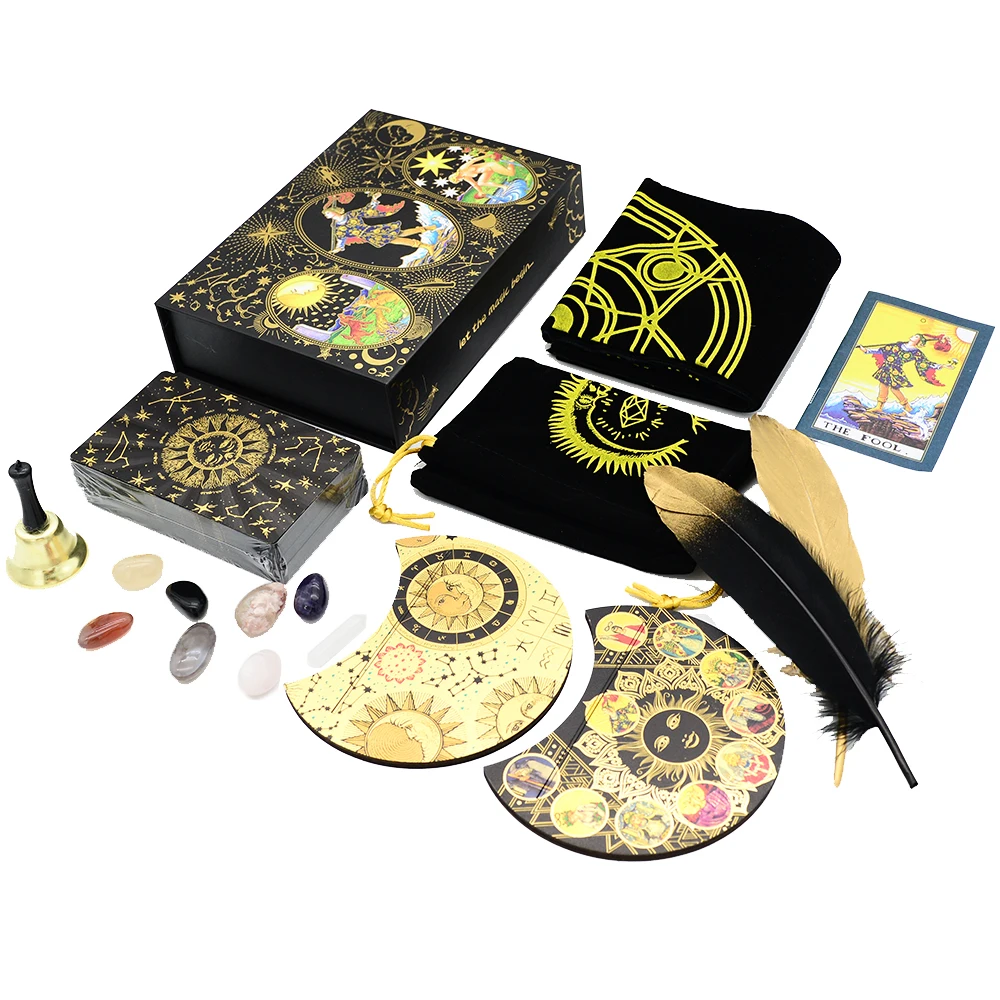 New Luxury Feather Black Gold Sun Gift Box Set Gold Foil Tarot 12 * 7cm Stamping PVC Waterproof Wear Resistant Board Game Card
New Luxury Feather Black Gold Sun Gift Box Set Gold Foil Tarot 12 * 7cm Stamping PVC Waterproof Wear Resistant Board Game Card